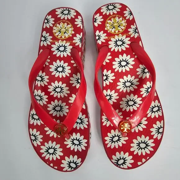 Tory Burch Red Flower Print Wedge Heel Flip Flop Sandals Women's Size Unmarked - Picture 2 of 12